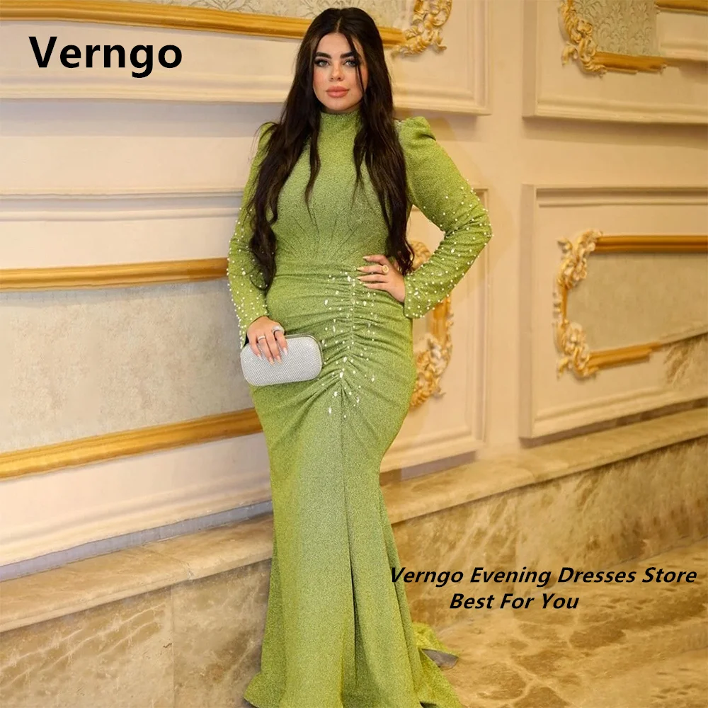 

Verngo Green Long Sleeves Pleat Shiny High Neck Party Dress Long Evening Gown Sequined Puff Mermaid Prom Gown