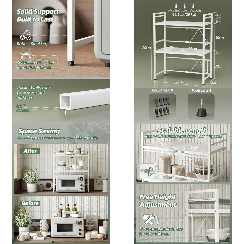 

Microwave Stand - 3 Tier Metal Kitchen Organizer Shelves with Hooks, Baker's Rack, Oven Rack, 55 lbs Capacity
