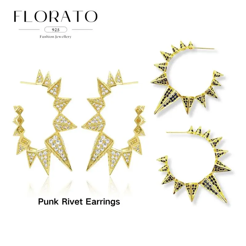 

925 Silver Needle Rivet Gold Color Big Earrings Crystals Hoop Earrings for Women Fashion Punk Style Earrings Fashion Jewelry