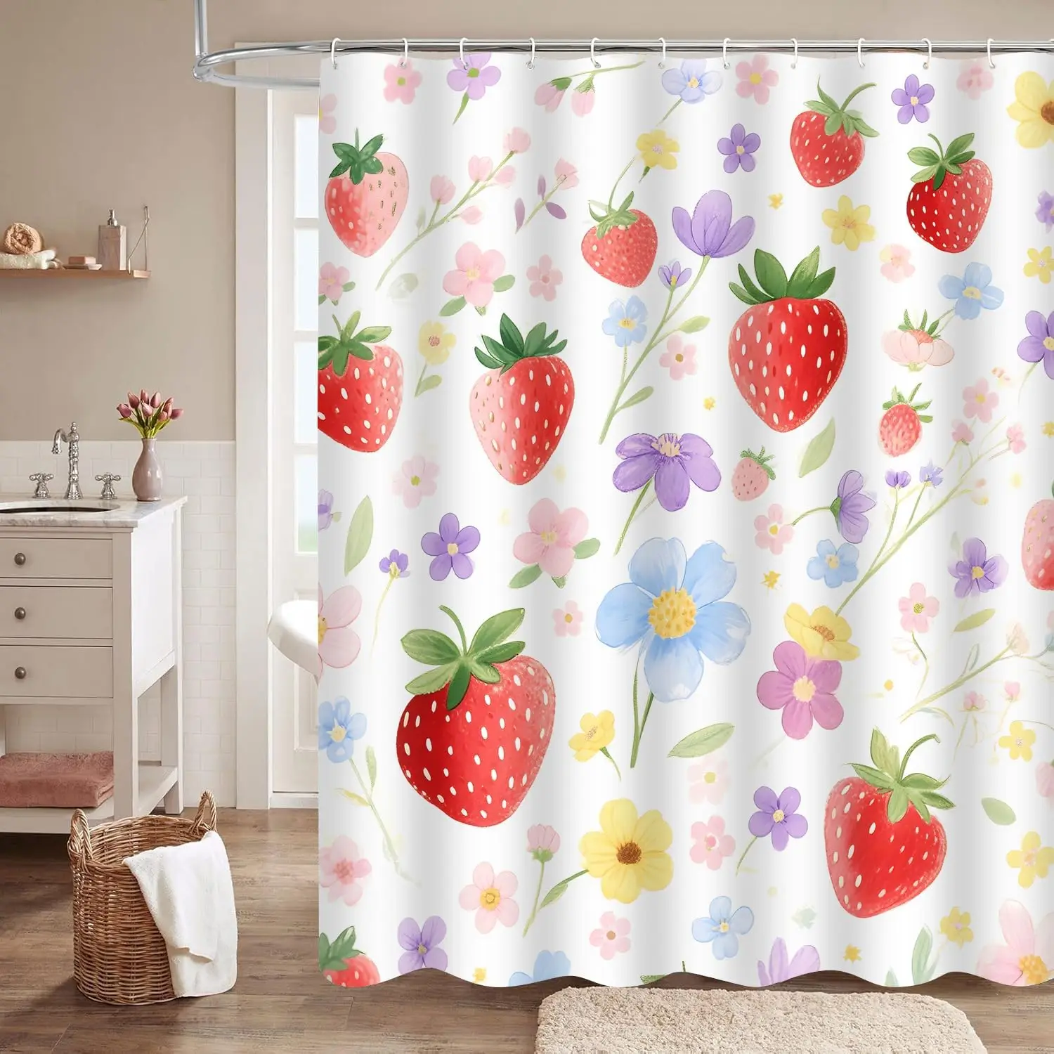 Cute Watercolor Strawberry Floral Shower Curtain, Spring Summer Berry Fruit Waterproof Bathroom Decor Fabric Curtain  With Hooks