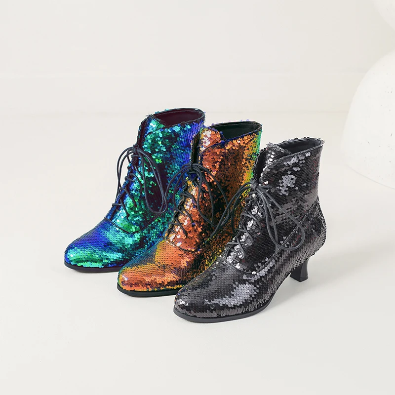 

Осенние и зимние женские сапоги из Европы и США, ботинки martin на высоком каблуке 6 см с волшебными цветами и блестками, размеры 33–43