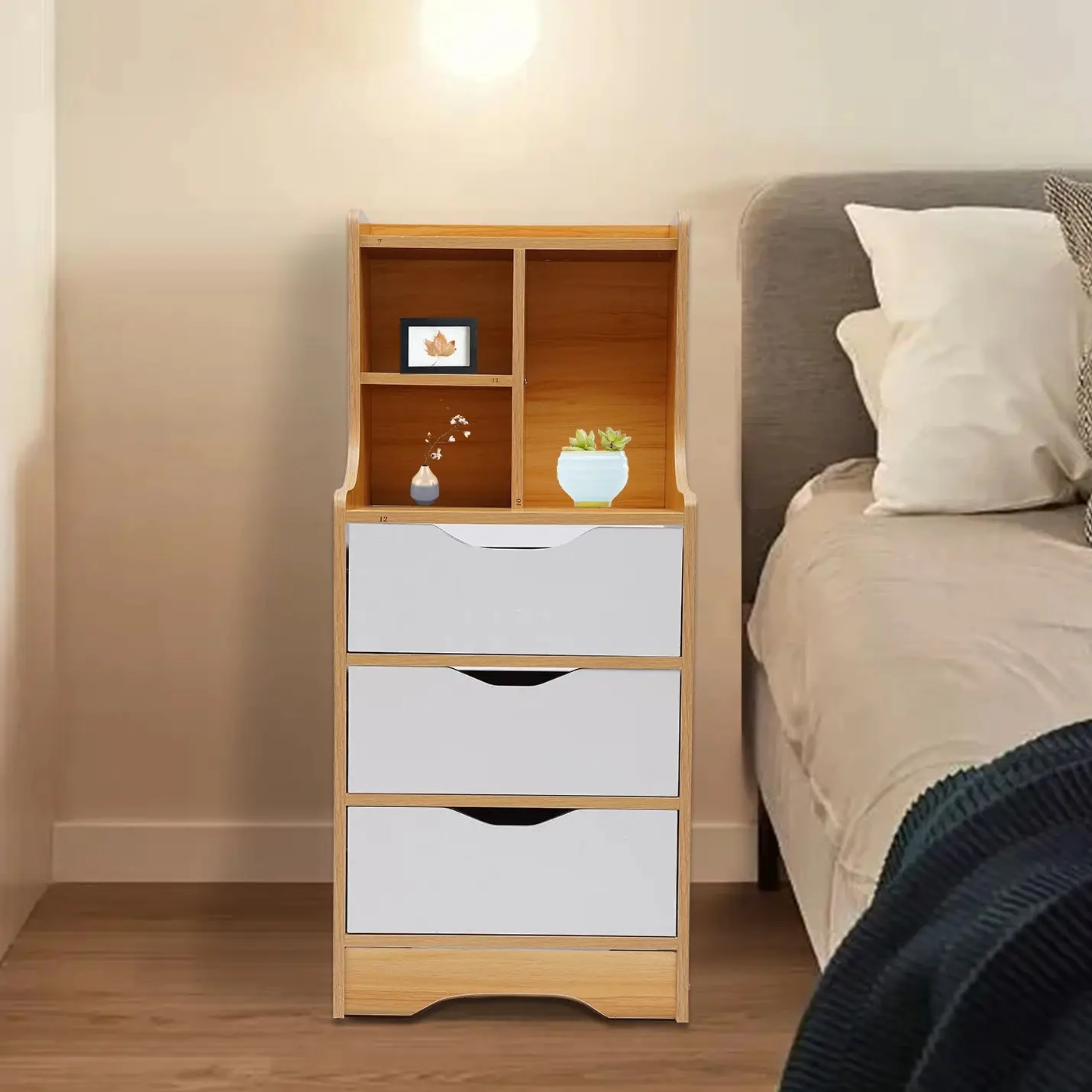 White Nightstand 3 Drawers with Open Storage Cabinet Bedroom Side Stand Cabinet Tall Nightstand Bedside Tables