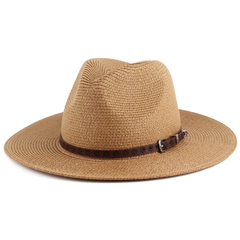 エンボス加工レザーストラップ装飾ファッションブリティッシュパナマストローハットサマーサンハット男女兼用