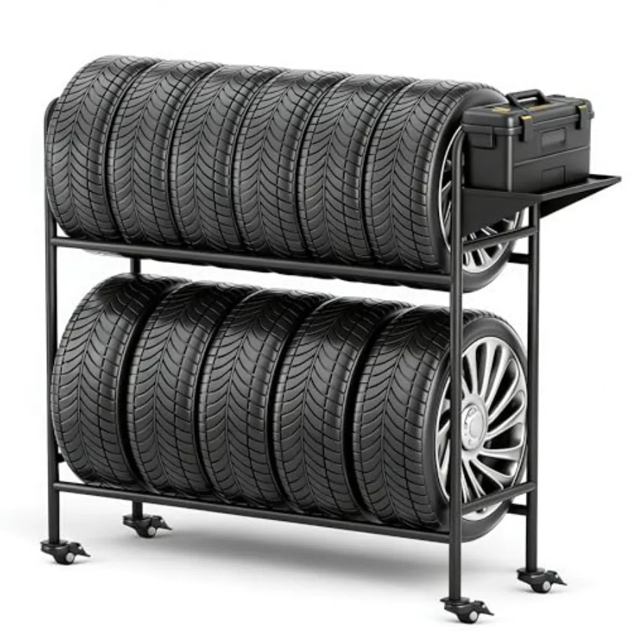 

Adjustable Rolling Tire Rack Heavy-Duty Tire Storage Rack for Garage with 4 Self-Locking Casters Foldable Hole Board 59" H x 59