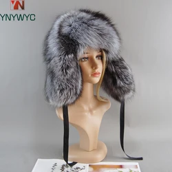 Real Fox Fur Pompom Bomber Hats Knitted Skullies Beanies Women's Cap Winter Hats Russian Female Beanies Natural Raccoon Fur Hat