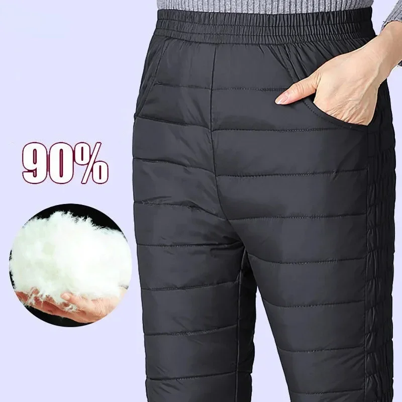 New 5XL Plus Size Warm Elastic Waist Winter Trousers Women Snow Wear Cotton Thick Pantalones Mom Black/Red White Duck Down Pants