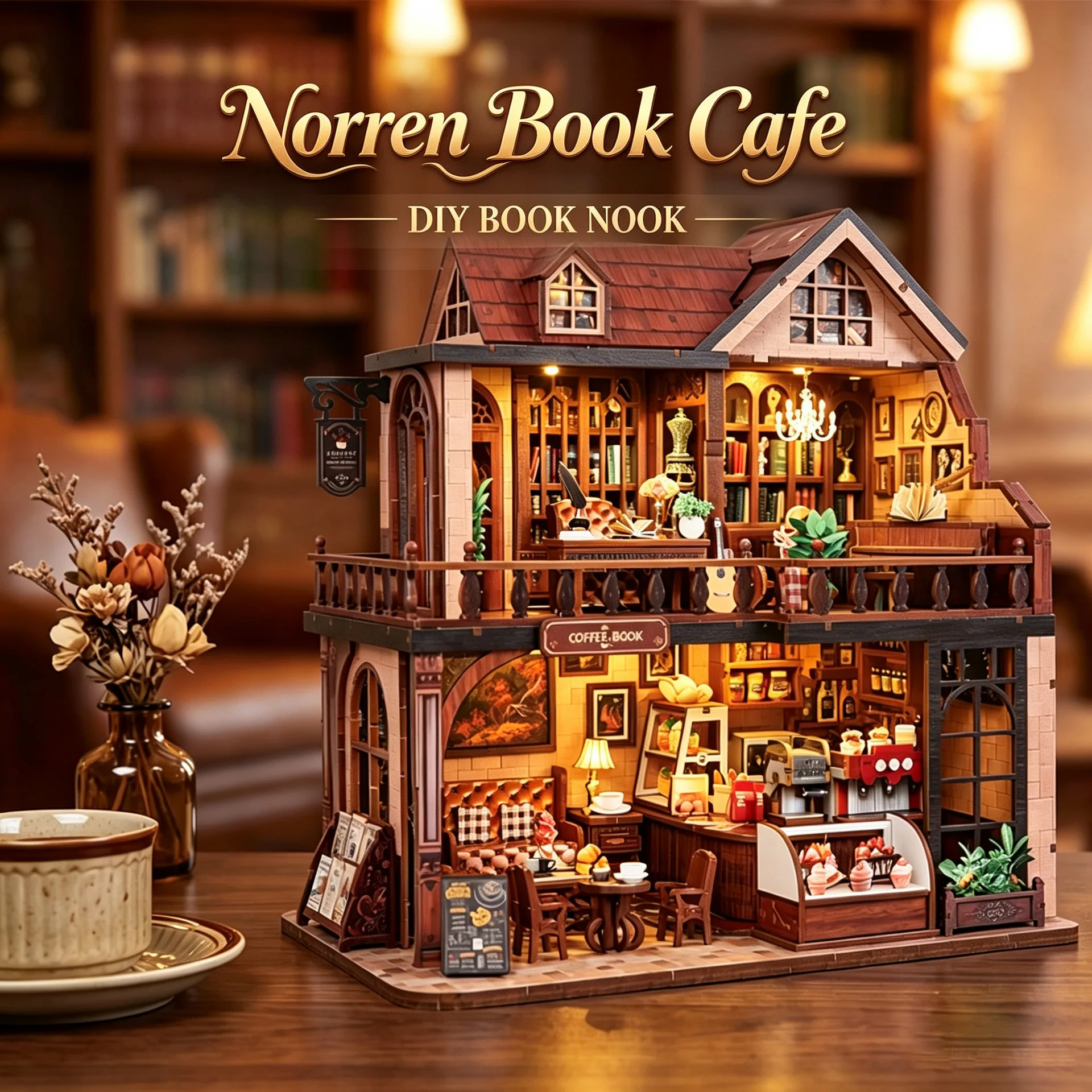 DIY Wooden Miniature Model Kits Norren Book Cafe Cottage 3D Puzzle Cute Home Dollhouse With Furniture for Friends Birthday Gifts