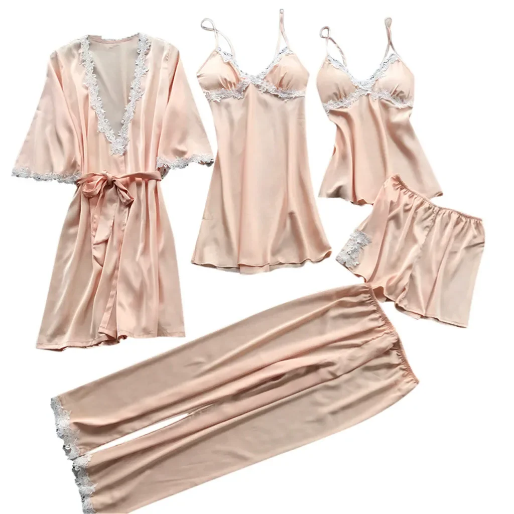 5 Pieces Sets Sexy Five-Piece Pajamas Women's Summer Half Sleeve Bridal Gown plus Size Homewear Nightgown Bathrobe