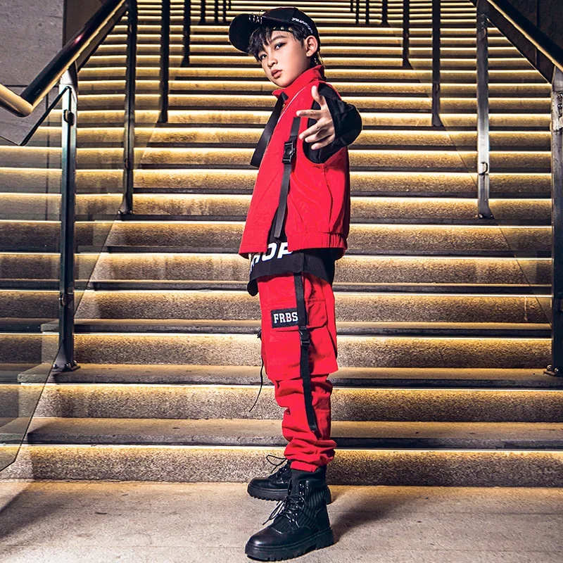 Vêtements de Défilé pour Garçon et Fille, Costumes de Jazz, Hip Hop, brevde Rue, Spectacle sur Scène, Tenues Rouges pour Adolescents