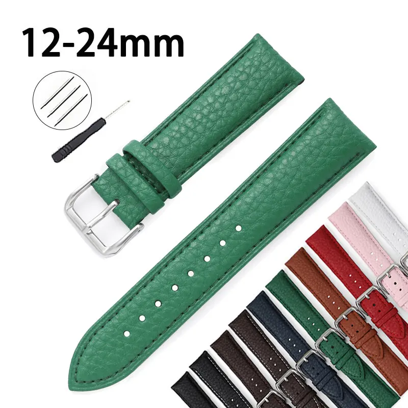 12mm 14mm 16mm 18mm 19mm 20mm 21mm 22mm 24mm Universal Straps Lichee Calfskin Leather Soft Waterproof Wrist Band Watchband Belt