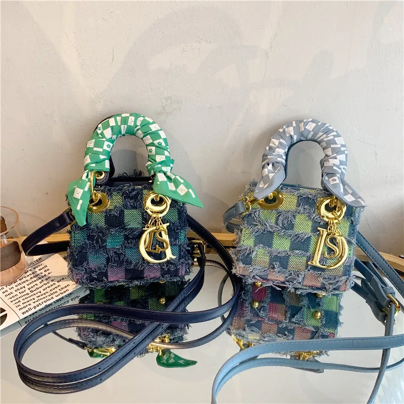 New Fashion Denim Silk Scarf Color Contrasting Mini Handbag Single Shoulder Diagonal Cross Women's Bag
