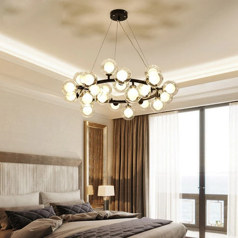 Bubble Ball High Ceiling Chandelier For Bedroom Glass Cord Pendant Light Home Decor For Living Room Black Fixture Hanging Lamp