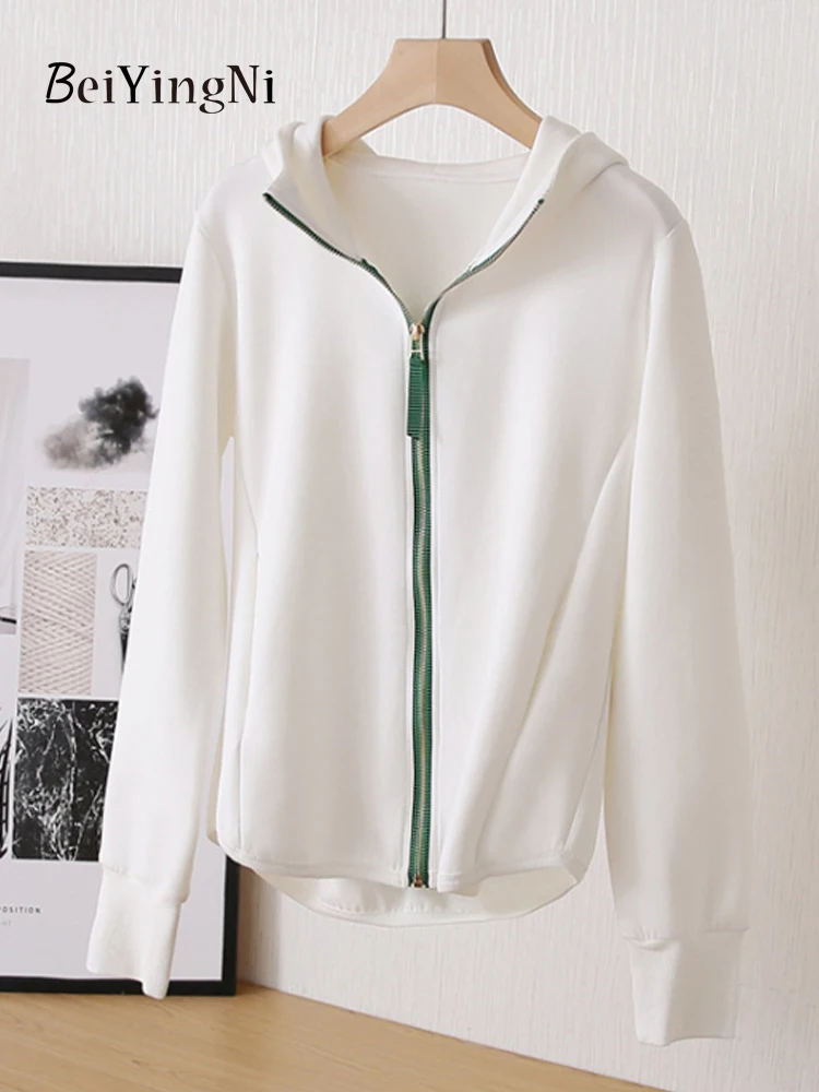 Beiyingni Women Hoodies 2023 Spring Autumn Korean Loose Sweatshirts Female Casual Hooded Hoody Preppy Lazy Zipper White Coats