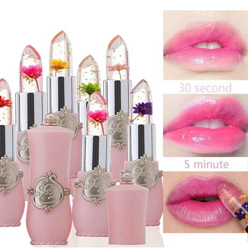 Lápiz labial transparente de flores de 6 colores, hidratante duradero, palitos de gelatina de cristal, bálsamo labial que cambia de Color y temperatura, cuidado de los labios