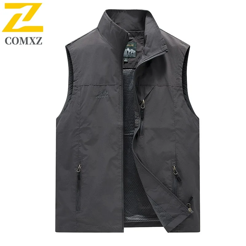 COMXZ الرجال التكتيكية في الهواء الطلق فائدة سترة متعددة جيب عمال أكمام معطف تنفس شبكة التخييم الصيد التصوير سترة #2