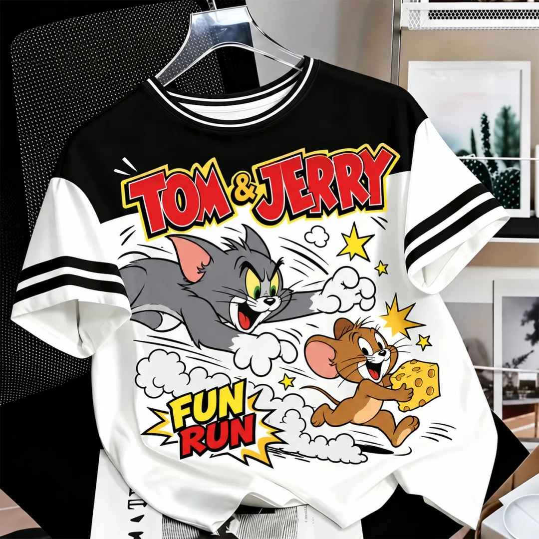 Tom & Jerry Grafik-T-Shirt für Herren und Damen, Vintage-Cartoon-Print, gestreifte Ärmel, Farbblock-Design, kurzärmelig, Alltags-T-Shirt, Kinder-T-Shirt ﻿ – Detail 2