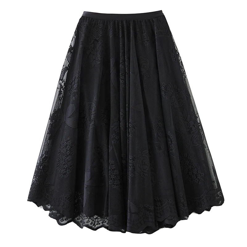 Gonna in pizzo Bla a vita alta Primavera Autunno Nuovo design scavato Sle Gonna lunga a trapezio in fibra di poliestere di buona qualità