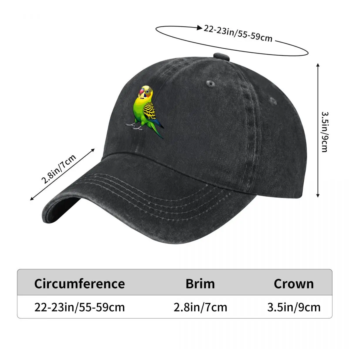 Colorful Budgerigar Parrot Tropical Bird Pet Illustration Washed Baseball Cap Outdoor Hat