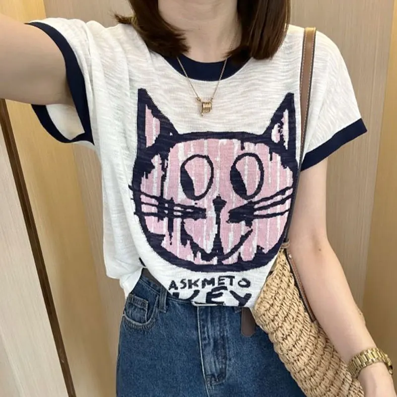 Korean Stylish Cartoon Cat Printed Pullovers Summer All-match Female Clothing Short Sleeve Casual Round Neck Spliced T-shirt New