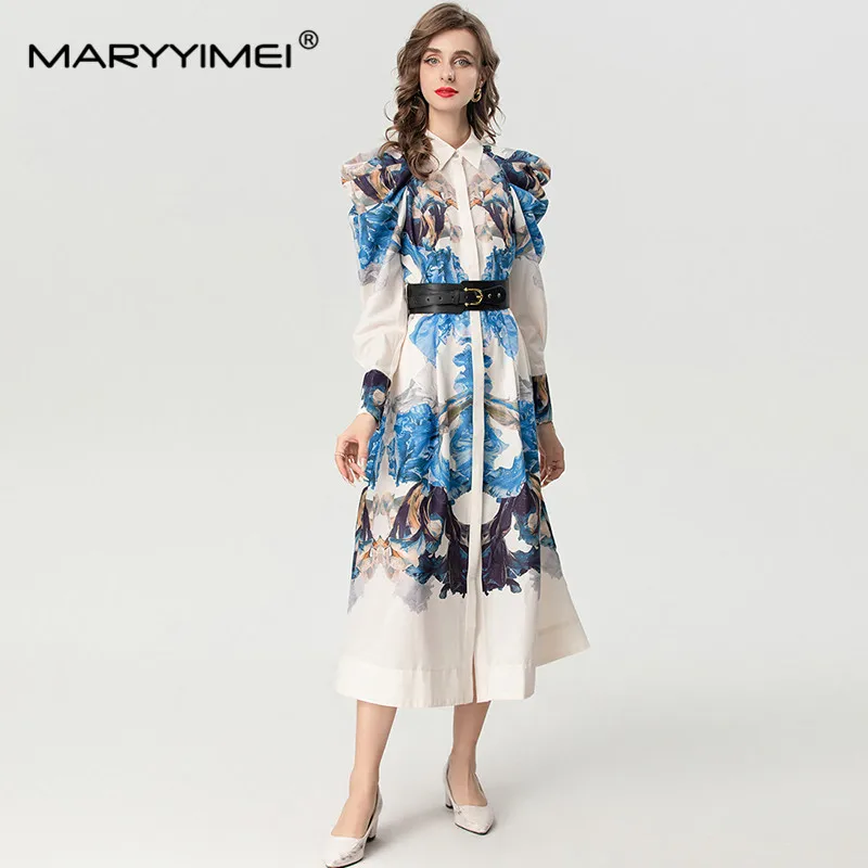 

MARYYIMEI Autumn and Winter Women's Vintage Dress Turn-Down Collar Lacr-Up Slim Single-Breasted Print Long-Sleeved Dresses