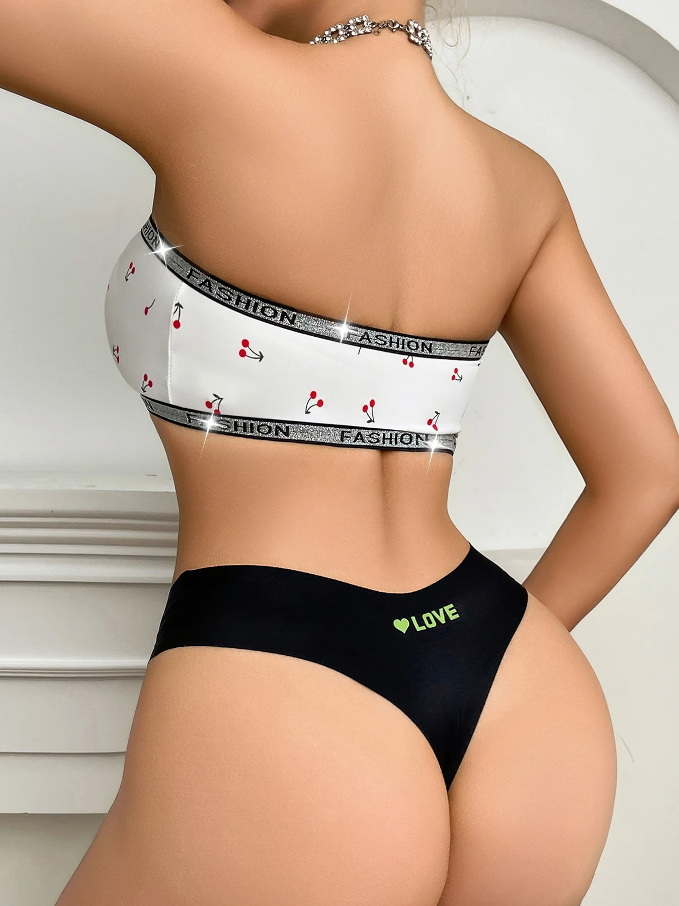 Fashion Letter Band Strapless Bra Set Sweet Cherry Print Push Up Wireless Lingerie Set S-XL