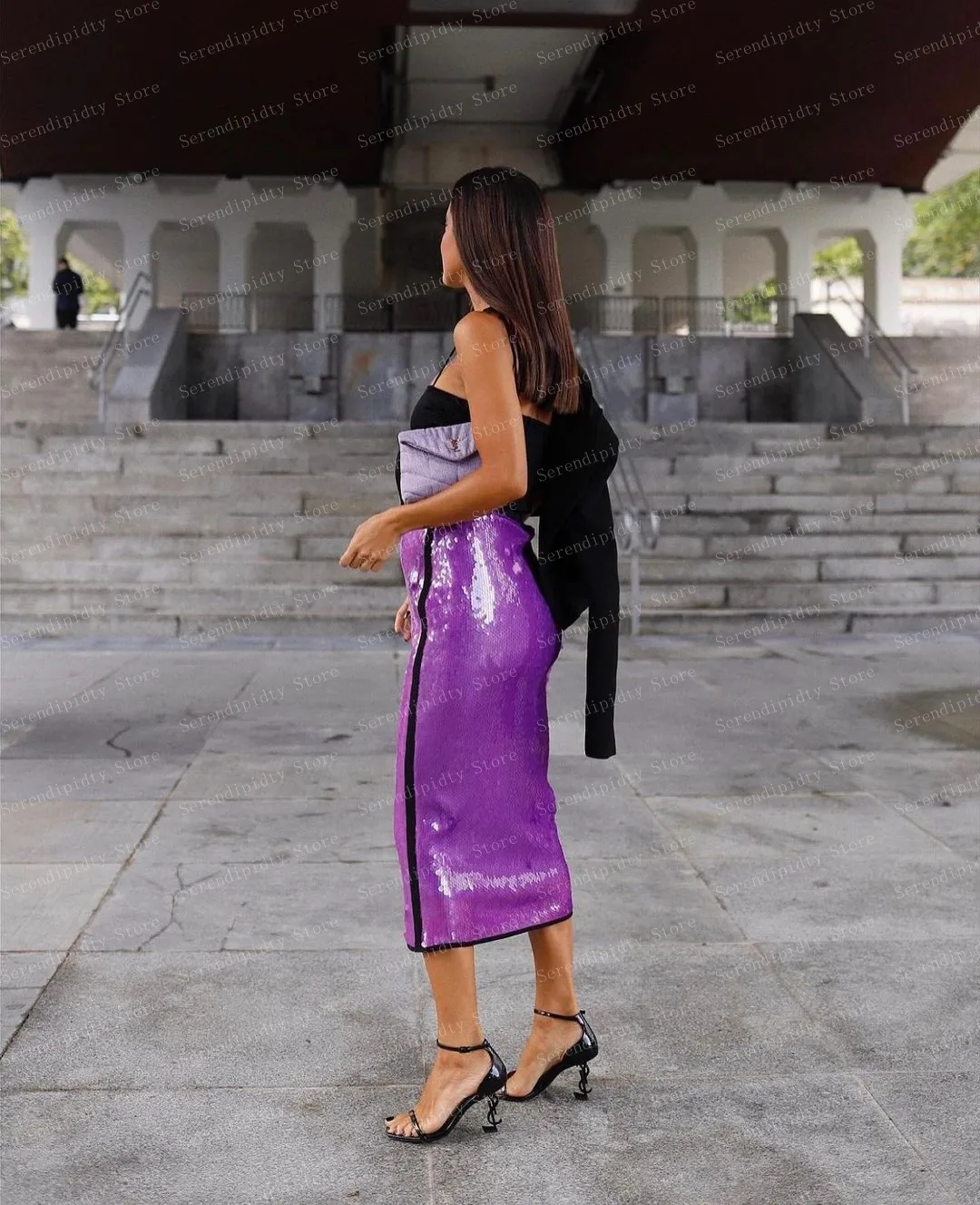 High Waist Sequins Midi Skirt Sparkly Purple Woman Clothes Mid-Calf Satin Skirt Ever Pretty Custom Made Skirt With Zipper