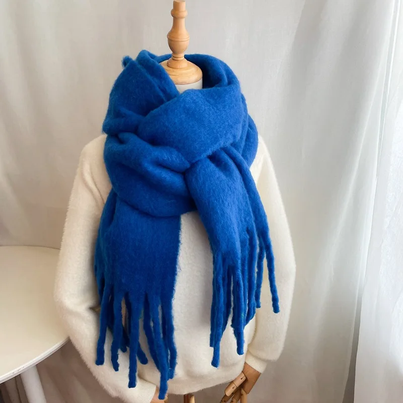 Mohair Scarf Thickened Cashmere Wrap Solid Color Bandana Tassel Female Foulard Thick Blanket Women Winter Large Long Warm Scarf