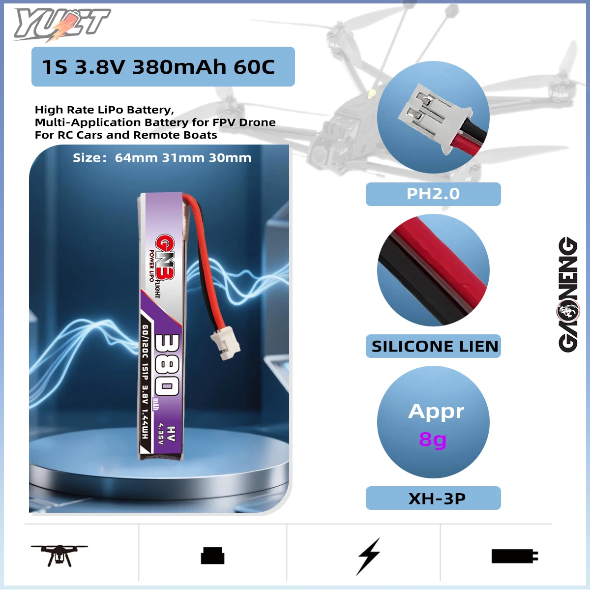 

YUCT GAONENG GNB 1S 380mAh 60C/Max120C Lipo Battery PH2.0 3.8V For RC Helicopter Quadcopter FPV Racing Drone Battery