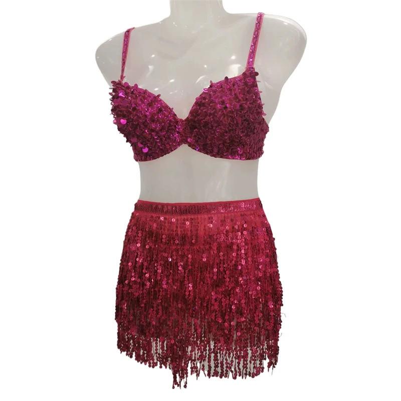 Damen 2-Teiliges Set Tanz-Bralette Crop-Top Quasten-Minirock-Set Bauchtanz Jazz Pole Dance Bühnenauftritt Party Rave Outfit – Detail 7