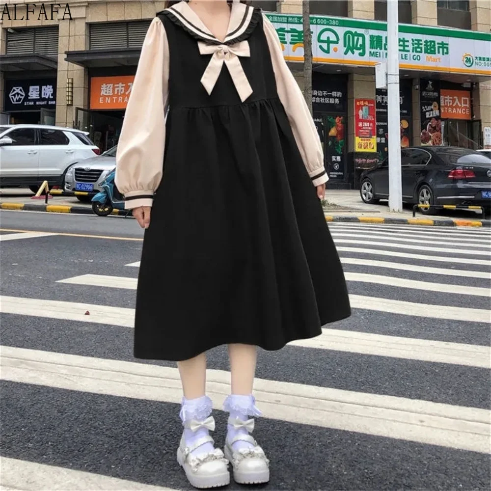 Kawaii Teenage Dress Autumn Long Sleeve Bow Princess Dress Harajuku Academic Doll Collar Loose Mid A-line Skirt Y2k Alt Clothes