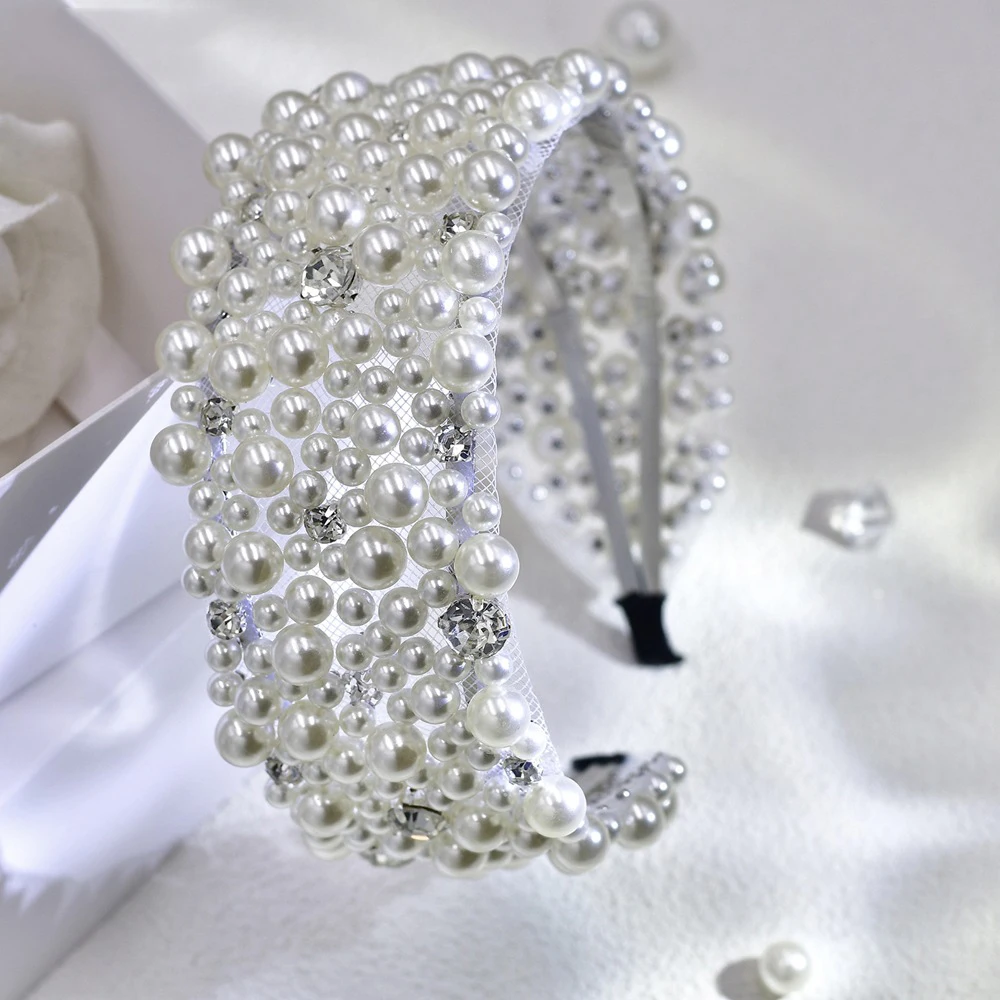 ربطة شعر كريستالية مصنوعة يدويًا من اللؤلؤ للنساء، عصابات رأس للعروس، إكسسوارات شعر الزفاف، غطاء الرأس