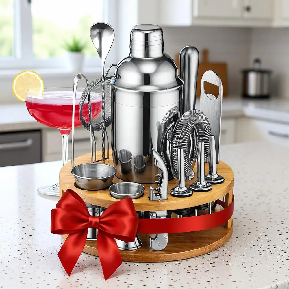 

Набор для приготовления коктейлей из 15 предметов с бамбуковой подставкой | Полный набор для приготовления коктейлей | Эксклюзивные карточки с рецептами