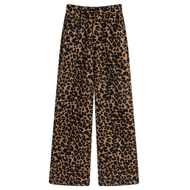 Pantalon léopard ample Vintage pour femme, boutonné, taille haute, classique, jambes larges, survêtement Mujer, automne hiver
