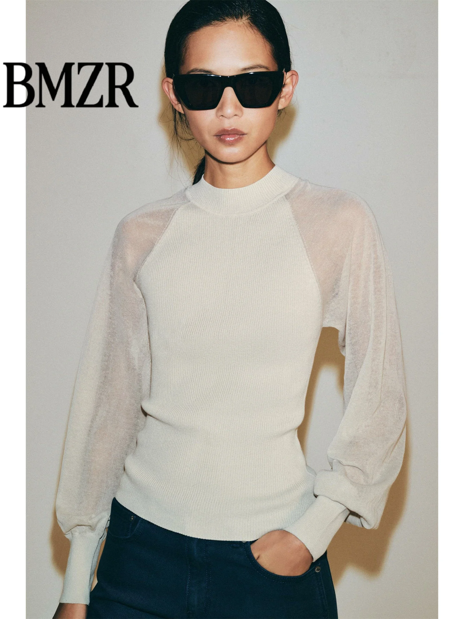 Women's Knitted Long Sleeve round Neck Lantern Sleeve Top Transparent Splicing New Style Autumn Fashion Casual Comfortable