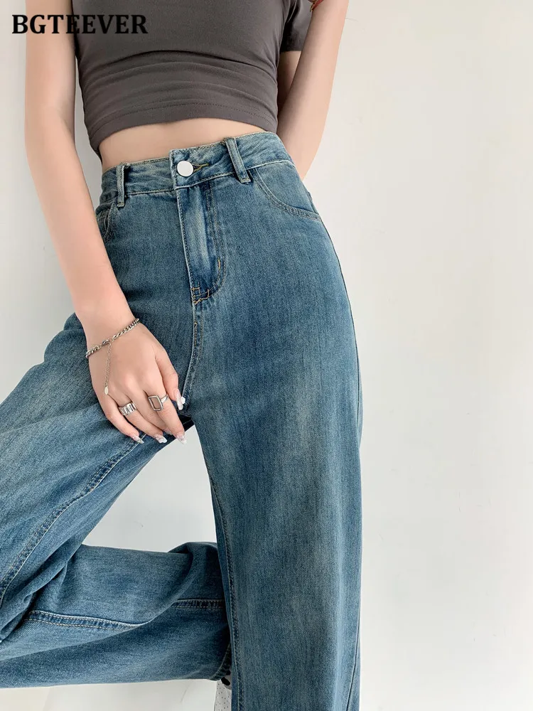 

BGTEEVER Stylish Wide Leg Denim Trousers for Women High Waist Single Button Straight Ladies Long Jeans Pants