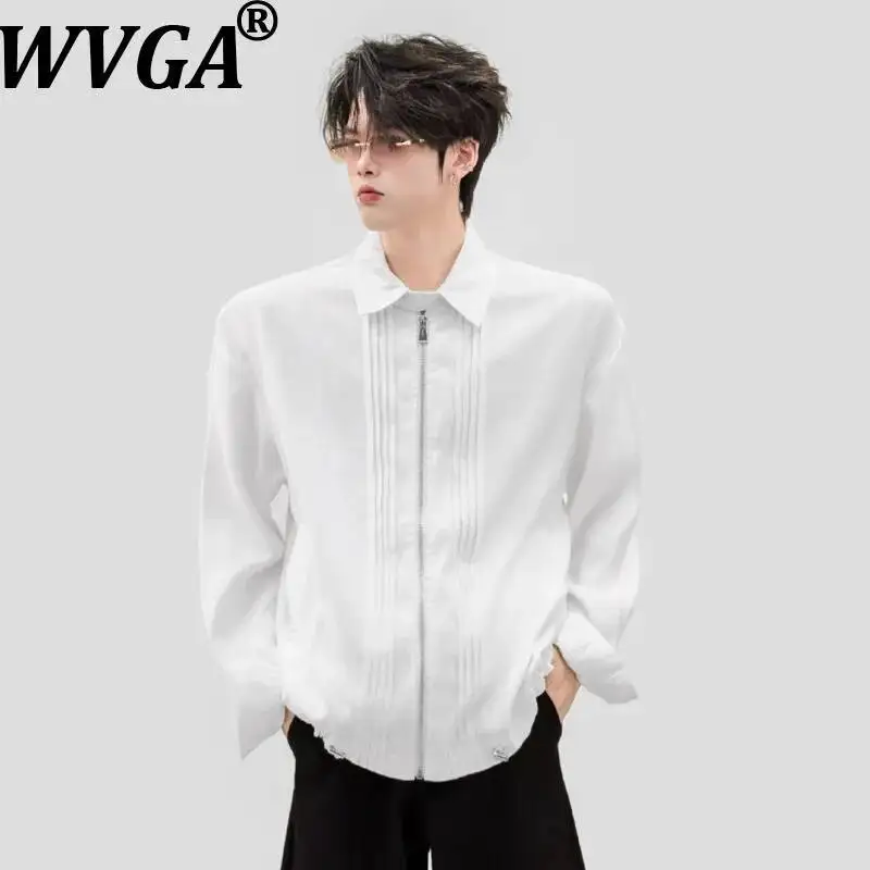 WVGA Spring Autumn New Men Pleated Zipper Drawstring Trendy Long Sleeve Shirt Niche Chic Casual Turn-Down Collar Tops Ins W26404