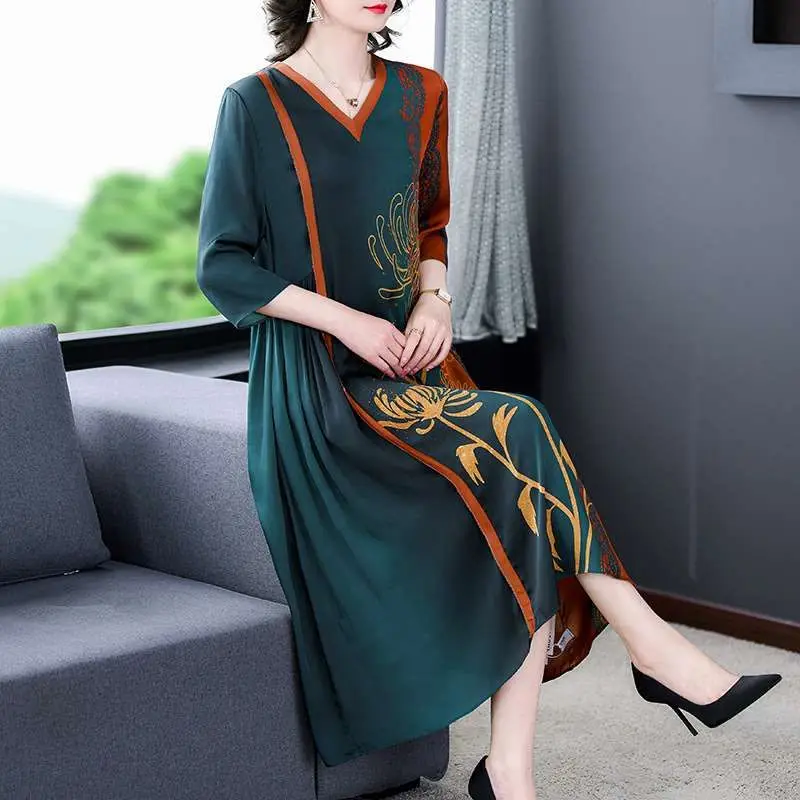 

Женская летняя повседневная свободная одежда больших размеров с V-образным вырезом, юбка-трапеция Cleanfit, длинная юбка, рукава три четверти, молния сзади