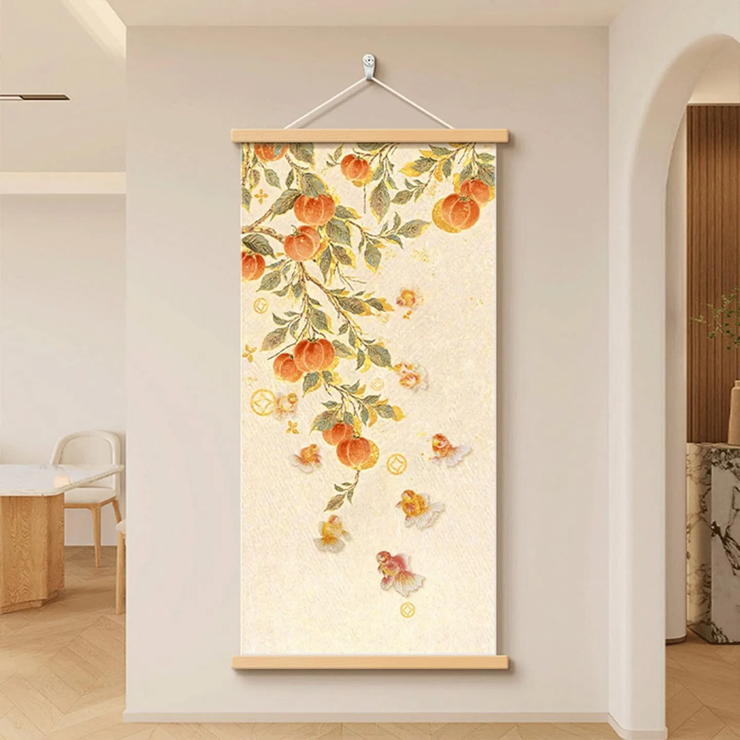 Wall Art Persimmon Branches and Koi Pearlescent Canvas Hanging Scroll with Wooden Rods for Auspicious Entryway Hallway
