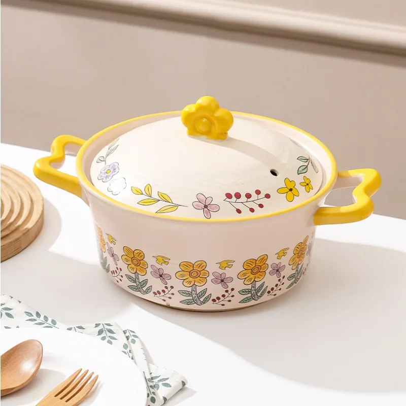 

Chinese Retro Hand-painted Flower Vertical Pattern Casserole, Open Fire High Temperature Ceramic Cookware Clay Pot for Cooking