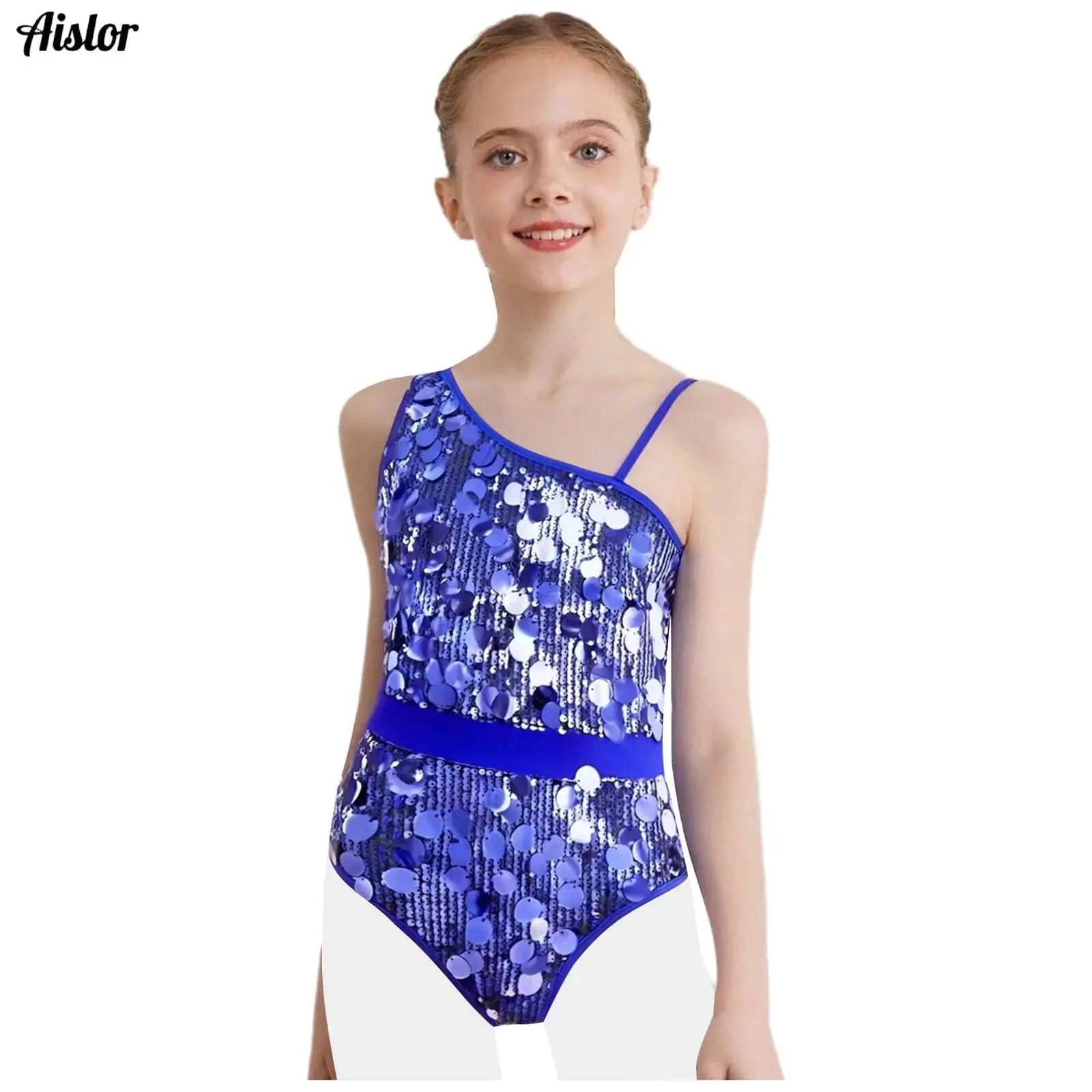 

Girls Sparkly Sequins Ballet Leotard Asymmetry Sleeveless Bodysuit Figure Skating Dance Gymnastic Unitard for Stage Performance