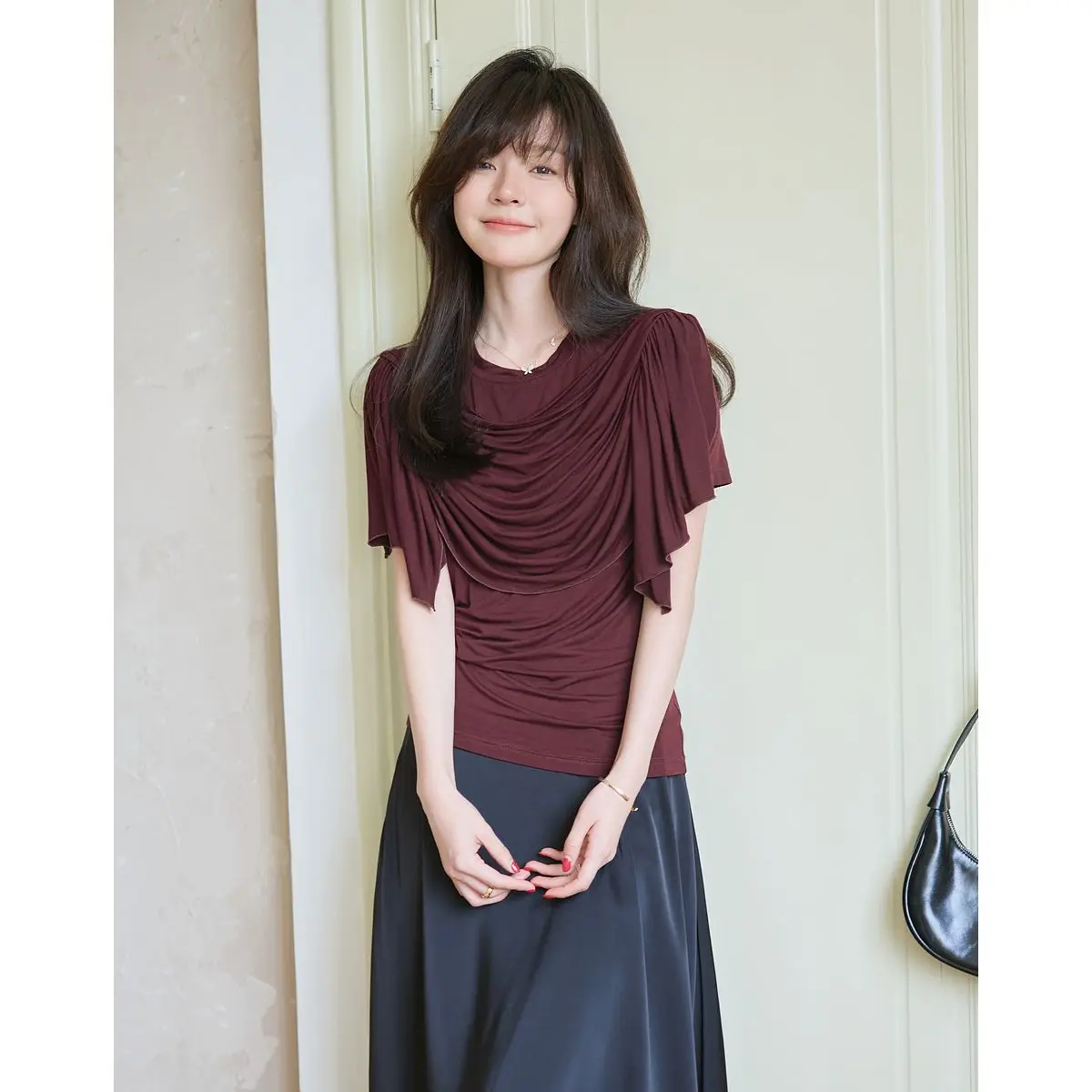 

Summer French Fake Two Swing Neck Short Sleeve High Elastic Women's T-Shirt