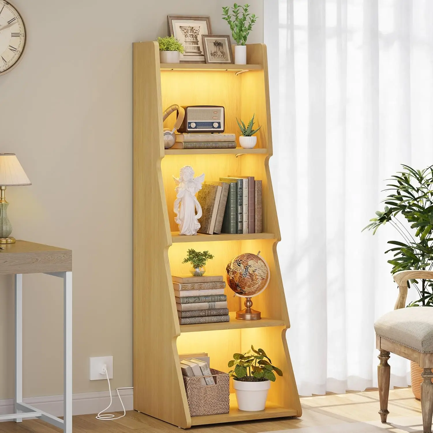 

5-Tier Open Bookcase and Bookshelf with LED Light, Floor Standing Display Storage Shelves, Wood Modern Display Organizer