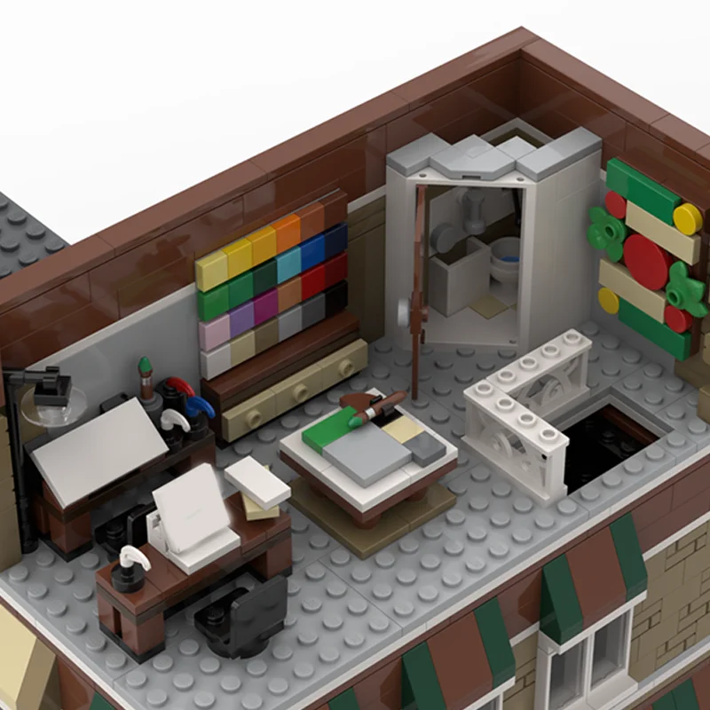 1407 ชิ้นช่างตัดเสื้อมุม MOC พร้อมจักรเย็บผ้าเศษผ้าและโต๊ะทํางานไม้การศึกษาอาคารบล็อกของขวัญ