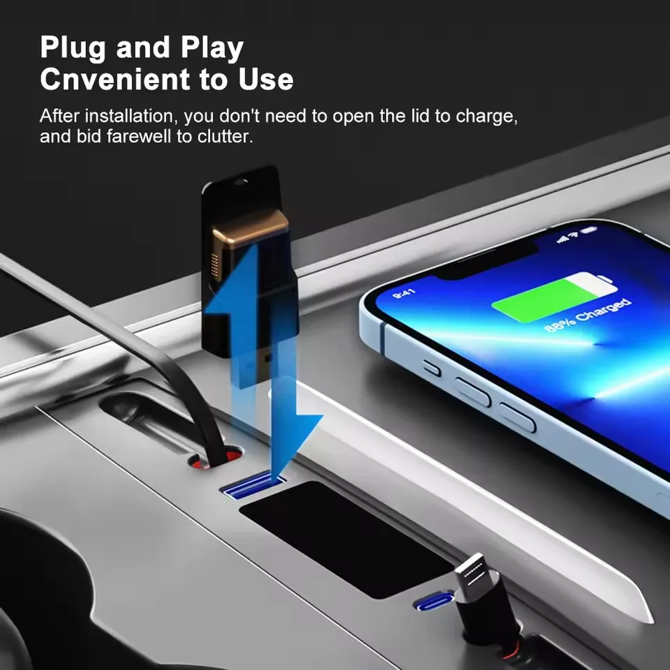USB Hub Docking Station For Tesla Model 3 Y with Cables Center Console 27W PD Type C Quick Charger