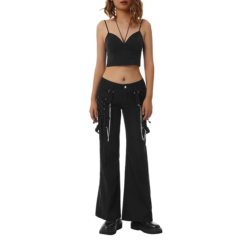 

Women Y2K Punk Style Flare Pants Low Waisted Gothic Baggy Denim Pants Wide-leg Pants Trousers Streetwear