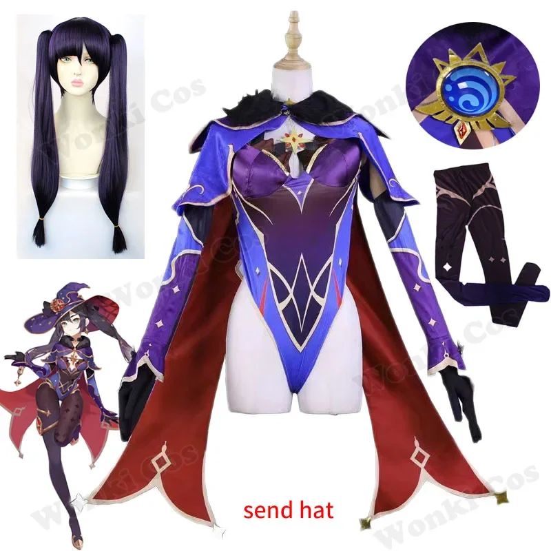 Genshin Mona Cosplay Kostüm Perücke Loli Kleid mit Umhang Hut Komplettset Genshin Impact Mona Cosplay Kostüme für Frauen Mädchen Outfits