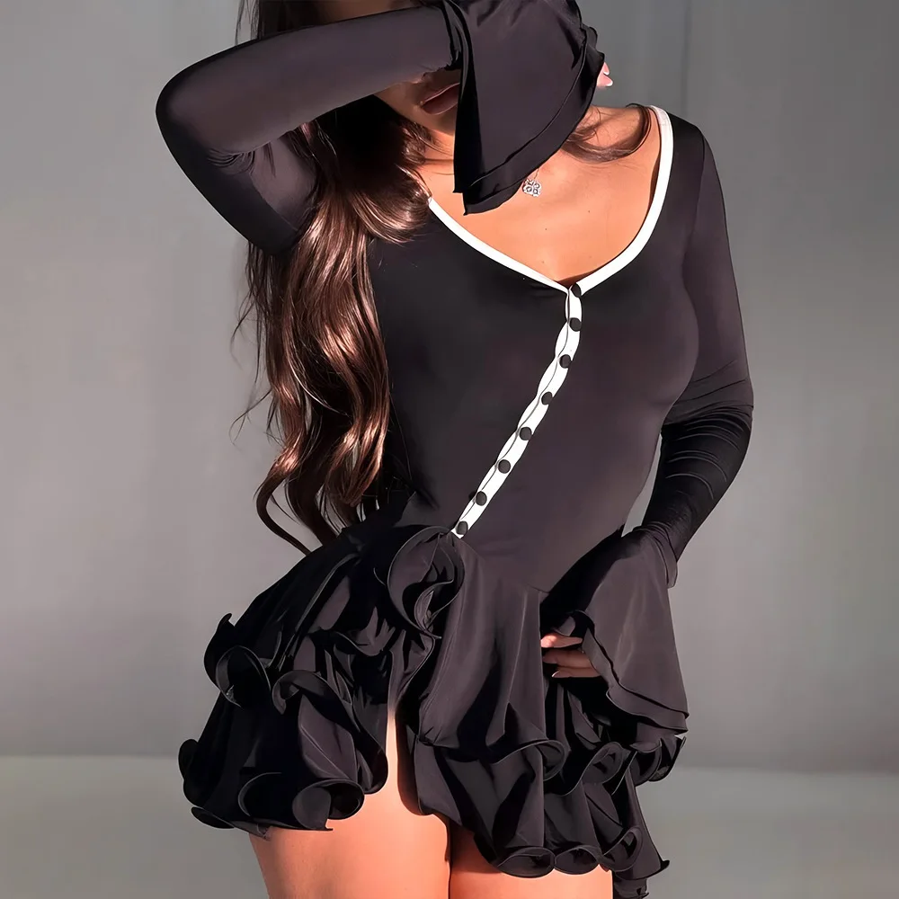 Nuevo Mini vestido plisado con volantes y manga acampanada para mujer, Vestidos irregulares con escote en V profundo y botones, Vestidos acampanados para fiesta y discoteca