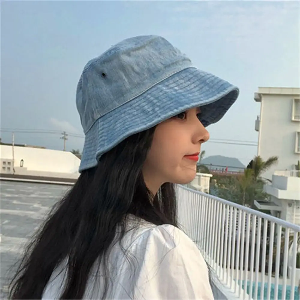 

New Unisex Cotton Bucket Hats Summer Solid Color Men Denim Beach Cap Multicolors Fabric Sunbonnet