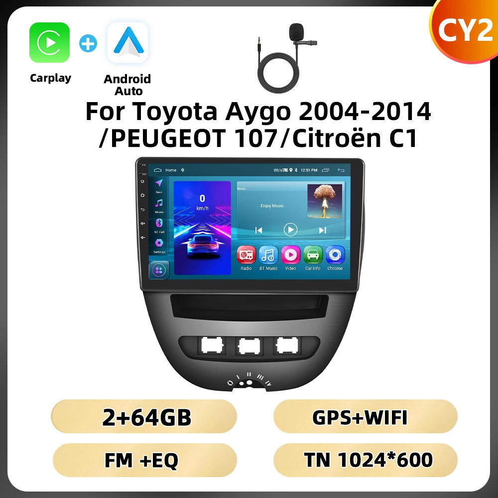 Podofo 10.1 ''8Core Autoradio Voor Toyota Aygo 2004-2014/PEUGEOT 107/Citroën C1 multimedia Speler Carplay Android Auto GPS WIFI