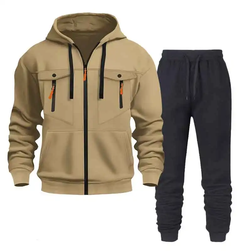 

Autumn Men Casual 2PC Sets Trend Multi-pocket Hoodie Tops Slim Pants Warm Sweatshirts Street Fashion Sports Suit Spring Zipper